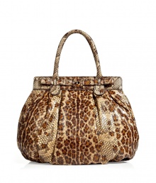 Leopard print goes ultra-luxe with the ultimate statement python bag from Zagliani - Modernized doctor shaped-bag, frame with bow detail, dual carrying handles, large slouchy shape, leopard-printed python, bold red lining - Pair with a slinky cocktail sheath and statement heels Leopard print goes ultra-luxe with the ultimate statement python bag from Zagliani - Modernized doctor shaped-bag, frame with bow detail, dual carrying handles, large slouchy shape, leopard-printed python, bold red lining - Pair with a slinky cocktail sheath and statement heels