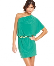 Grecian-inspired, one-shoulder style creates a striking silhouette on a party dress made all the more luxe with a hammered metallic belt! From Wishes Wishes Wishes. Grecian-inspired, one-shoulder style creates a striking silhouette on a party dress made all the more luxe with a hammered metallic belt! From Wishes Wishes Wishes.