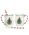 Christmas couldn't be sweeter with Spode's Christmas Tree Peppermint mugs and candy cane spoons. An iconic holiday favorite with raised detail and red candy stripes makes hot cocoa or eggnog especially irresistible.