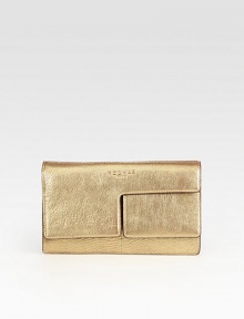 This metallic lambskin leather style features a convenient dual flap design.Magnetic snap flap closuresTwo inner compartmentsOne open inside pocketLambskin leather lining10¼W X 6H X 1½DMade in Italy This metallic lambskin leather style features a convenient dual flap design.Magnetic snap flap closuresTwo inner compartmentsOne open inside pocketLambskin leather lining10¼W X 6H X 1½DMade in Italy