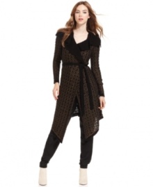 An allover metallic knit adds high-shine to this long RACHEL Rachel Roy cardigan-- perfect for a hot layered look!