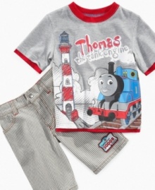This super-cute Thomas and Friends two-piece by Nannette lets your little engine proudly parade his Sodor style around the playground. This super-cute Thomas and Friends two-piece by Nannette lets your little engine proudly parade his Sodor style around the playground.