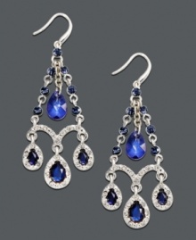 Channel regal style in royal blue hues. Charter Club chandelier earrings feature pear and round-cut Montana beads and crystals set in silver tone mixed metal. Approximate drop: 1-3/4 inches.