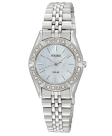 Glistening accents and solar-powered tech bring the classic styling of this Seiko watch to stunning completion.