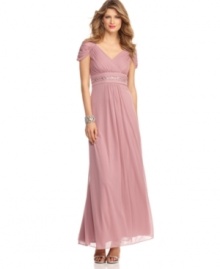 A Grecian-inspired silhouette lends timeless elegance to this dress by Alex Evenings. The empire waist and crossover V-neck flatters and elongates. A Grecian-inspired silhouette lends timeless elegance to this dress by Alex Evenings. The empire waist and crossover V-neck flatters and elongates.