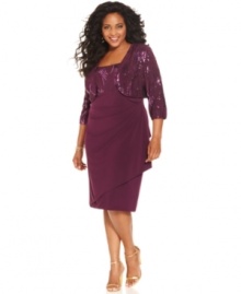 A sequined design at the bust of this plus size Alex Evenings' dress and its matching jacket gives the look a dash of sparkle while the draped and gathered details of the skirt ensure a flattering fit!