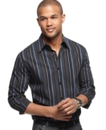 Take the straight path to style when you step out in this sleek striped shirt from Alfani. Take the straight path to style when you step out in this sleek striped shirt from Alfani.