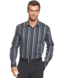 Step up your game with stripes and this long-sleeved shirt from Alfani Black. Step up your game with stripes and this long-sleeved shirt from Alfani Black.