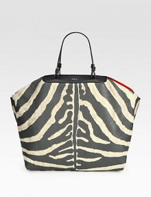 For an exotic touch, this zebra-print leather design with a dramatically contrasting interior is the perfect choice. Double top handles, 7 dropOpen topOne inside zip pocket14½W X 11½H X 6DImported For an exotic touch, this zebra-print leather design with a dramatically contrasting interior is the perfect choice. Double top handles, 7 dropOpen topOne inside zip pocket14½W X 11½H X 6DImported