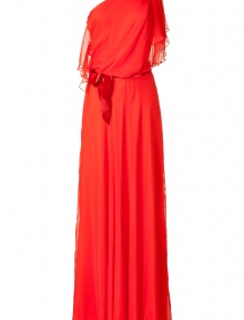 Glamorous evening gown in red silk - Feminine, elegant one-shoulder toga style - Decorative tie belt - The cut: slim and figure-enhancing, the skirt lays in folds and is floor length - Mega elegant, more refined and luxurious than an obviously sexy look - Wear with gold or silver sandals and a suitable evening clutch