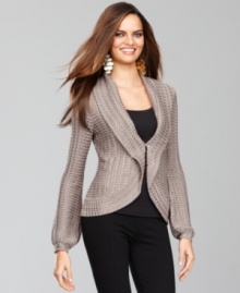 An elegant patterned knit makes the slim, cutaway silhouette of INC's cardigan truly stand out.