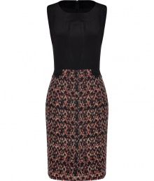 Perfect for taking chic business days to city cocktails, Salonis patchworked sheath hits a sweet spot with its velvety optical print silk skirt and ultra feminine scalloped trim - Rounded neckline, sleeveless, hidden back zip, kick pleat - Tailored fit - Team with peep-toes and statement chunky jewelry Perfect for taking chic business days to city cocktails, Salonis patchworked sheath hits a sweet spot with its velvety optical print silk skirt and ultra feminine scalloped trim - Rounded neckline, sleeveless, hidden back zip, kick pleat - Tailored fit - Team with peep-toes and statement chunky jewelry