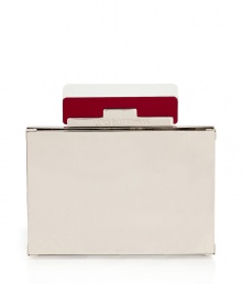 Exquisitely artful with its modern mirrored metal, Sara Battaglias box clutch counts as a sartorial must for fashion-forward looks - Mirrored metal frame, hinged bottom, dark red and clear acrylic glass detailed hinged clasp with engraved logo, green satin and silver leather lining - Wear as a statement finish to edgy evening outfits Exquisitely artful with its modern mirrored metal, Sara Battaglias box clutch counts as a sartorial must for fashion-forward looks - Mirrored metal frame, hinged bottom, dark red and clear acrylic glass detailed hinged clasp with engraved logo, green satin and silver leather lining - Wear as a statement finish to edgy evening outfits