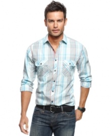 Get your sophisticated style all lined up with this standout big and tall plaid shirt from Alfani.