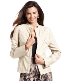 Alfani's structured faux leather jacket is just the piece to balance feminine looks with a bit of edge. Alfani's structured faux leather jacket is just the piece to balance feminine looks with a bit of edge.