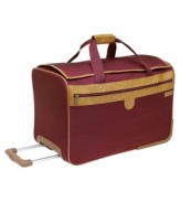 Love at first flight. A smart, sharp and stylish approach to travel, this duffel provides the space a well-planned trip demands with a roomy box-shaped main compartment that zips open at top for unbelievably easy packing.  Stocked with a convertible back pocket that slips over the trolley of your favorite upright, comfort handles, a removable, adjustable shoulder strap and easy-glide wheels for unbelievable mobility. Lifetime warranty.