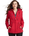 A buttoned bib adds sailor style to this Steve Madden plus size raincoat -- a hot topper for damp days!