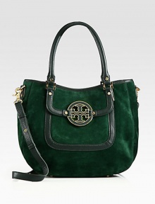 Relaxed suede shape with leather trim in a trend-forward jewel tone hue. Adjustable detachable leather shoulder strap, 22½-24½ dropDouble leather top handles, 7½ dropMagnetic snap closureTwo outside open pocketsOne inside zip pocketTwo inside open pocketsCanvas lining11½W X 13H X 4½DImported Relaxed suede shape with leather trim in a trend-forward jewel tone hue. Adjustable detachable leather shoulder strap, 22½-24½ dropDouble leather top handles, 7½ dropMagnetic snap closureTwo outside open pocketsOne inside zip pocketTwo inside open pocketsCanvas lining11½W X 13H X 4½DImported