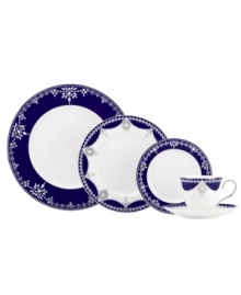 A show-stopping place setting from Marchesa by Lenox, this Empire Indigo dinnerware wows everyone around the formal table with bedazzling platinum patterns in fine bone china. A gracefully shaped cup, plates and more lend chic style to entertaining. A show-stopping place setting from Marchesa by Lenox, this Empire Indigo dinnerware wows everyone around the formal table with bedazzling platinum patterns in fine bone china. A gracefully shaped cup, plates and more lend chic style to entertaining.