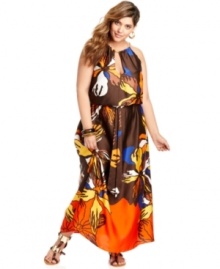Spice it up with Baby Phat's plus size maxi dress, featuring a bold floral print and eye-catching halter neckline with shimmering gold rope details. Spice it up with Baby Phat's plus size maxi dress, featuring a bold floral print and eye-catching halter neckline with shimmering gold rope details.