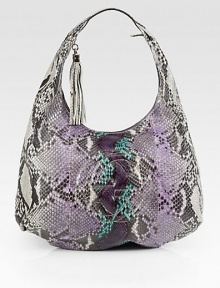 Rich python embossed with interlocking G logo and finished with a chic tassel zipper-pull.Top handle, 11 dropTop zip closureOne inside zip pocketTwo inside open pocketsLeather lining15W X 10H X 6DMade in Italy Rich python embossed with interlocking G logo and finished with a chic tassel zipper-pull.Top handle, 11 dropTop zip closureOne inside zip pocketTwo inside open pocketsLeather lining15W X 10H X 6DMade in Italy