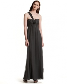 You'll feel like a princess with this incredible silk gown. Ruched bodice with asymmetrical one-shoulder styling. Gathered skirt falls from the empire waist. Step into black heels for an extra elegant finish. You'll feel like a princess with this incredible silk gown. Ruched bodice with asymmetrical one-shoulder styling. Gathered skirt falls from the empire waist. Step into black heels for an extra elegant finish.