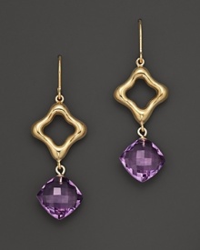 Faceted amethyst teardrops dangle from 14K yellow gold diamonds.