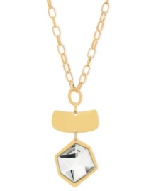 Stylish statements take shape on this necklace from Robert Lee Morris. Crafted from gold-tone mixed metal, the necklace dazzles with a radiant glass stone pendant beneath a resplendent rectangle. Approximate length: 17 inches + 3-inch extender. Approximate drop: 3-1/2 inches.