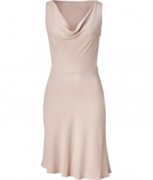 Celebrate your figure with this luxurious cocktail dress - Body contouring cut in fine nude synthetic fiber - Elegant and understated design highlights feminine curves - Waterfall neckline - Classic length with asymmetric hem - Movement at hem - Excellent choice for evening invitations like the theater,  cocktail parties or gallery openings - Pair with sexy heels and a classic clutch