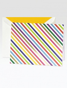 Spirited fold-over notes add a pop of color to each missive you mail. Printed on fluorescent white, each is paired with a coordinating envelope, finished with a brilliant yellow liner.Includes 20 notes Accompanied by matching lined envelopes Each, 6½W X 4¾H X 2 Arrives in a matching striped hinged-lid box Lithographed fold-over notes Cotton fiber paper Made in USA Spirited fold-over notes add a pop of color to each missive you mail. Printed on fluorescent white, each is paired with a coordinating envelope, finished with a brilliant yellow liner.Includes 20 notes Accompanied by matching lined envelopes Each, 6½W X 4¾H X 2 Arrives in a matching striped hinged-lid box Lithographed fold-over notes Cotton fiber paper Made in USA