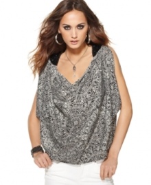 Beaded shoulders add glam to this Andrew Charles draped top that pairs perfectly with all your fave skinny jeans!