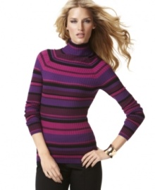 INC's striped turtleneck looks so sophisticated in an autumnal palette of berry and plum colors! INC's striped turtleneck looks so sophisticated in an autumnal palette of berry and plum colors!