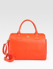 Vibrant leather in an impeccably structured top-handle bag, perfectly sized for all your essentials.Double top handles, 6 dropDetachable adjustable shoulder strap, 10-22 dropTop zip closureTwo outside open pocketsOne inside zip pocketTwo inside open pocketsOne mirrorCanvas lining13W X 9H X 7DImported Vibrant leather in an impeccably structured top-handle bag, perfectly sized for all your essentials.Double top handles, 6 dropDetachable adjustable shoulder strap, 10-22 dropTop zip closureTwo outside open pocketsOne inside zip pocketTwo inside open pocketsOne mirrorCanvas lining13W X 9H X 7DImported