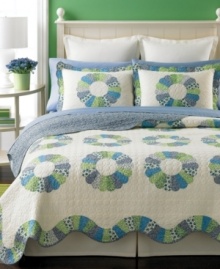 A classic design gets a modern makeover in this Rondelle quilt from Martha Stewart Collection, featuring traditional quilted details with fun, colorful printed accents. Finished with scalloped edges. A classic design gets a modern makeover in this Rondelle quilt from Martha Stewart Collection, featuring traditional quilted details with fun, colorful printed accents. Finished with scalloped edges.