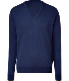 Stylish pullover in fine, pure dark blue cotton - Super-soft, densely woven fabric feels great against the skin - Elegant v-neck and rib trim at cuffs and hem - Straight, slim cut - A polished, versatile basic in any wardrobe - Dress up with a button down, trousers and leather lace-ups, or go for a more casual look with skinny denim, trainers and a blazer