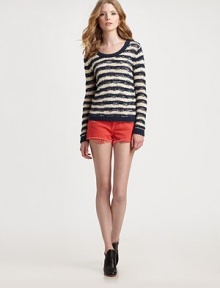 Distressed, drop-stitch details elevate this classic striped pullover.ScoopneckLong sleevesAbout 27 from shoulder to hem39% cotton/26% silk/21% rayon/14% polyamideDry cleanImported of Italian fabricModel shown is 5'10 (177cm) wearing US size Small. Distressed, drop-stitch details elevate this classic striped pullover.ScoopneckLong sleevesAbout 27 from shoulder to hem39% cotton/26% silk/21% rayon/14% polyamideDry cleanImported of Italian fabricModel shown is 5'10 (177cm) wearing US size Small.