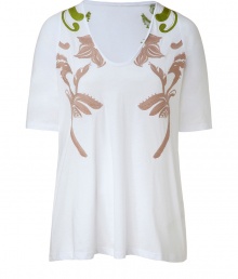 White cotton shirt with fresh floral embroidered design - Soft pink and warm green hues - Round neck with rolled hem - Half sleeves with loose cut - Try with skinny jeans and flat sandals or flared jeans and platform heels