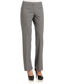 THE LOOKZip fly with button and hook-and-eye closureStraight through thigh and leg openingFaux besom pockets at backTHE FITRise, about 8; inseam, about 33THE MATERIAL95% wool/5% Lycra spandexFully linedCARE & ORIGINDry CleanImportedModel shown is 5'11 (180cm) wearing US size 4. THE LOOKZip fly with button and hook-and-eye closureStraight through thigh and leg openingFaux besom pockets at backTHE FITRise, about 8; inseam, about 33THE MATERIAL95% wool/5% Lycra spandexFully linedCARE & ORIGINDry CleanImportedModel shown is 5'11 (180cm) wearing US size 4.