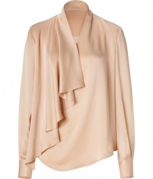 Elegant blouse in pure silk - A ladylike and grown up look in a warm, romantic shade of rose - Soft flowing look, flattering cut, pretty details - With long sleeves, open stand collar and an asymmetrical ruffled neckline - A favorite top for official and chic dress codes, wear with pencil skirts and long trousers