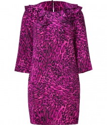 Work a wild edge into your wardrobe with Juicy Coutures tiger print silk dress - Rounded neckline, 3/4 sleeves, ruffled shoulders, slit with button closure at nape - Classic straight cut - Wear with chunky chain jewelry and jet black ankle boots