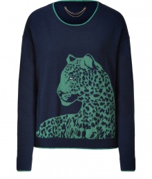 Prowl the urban jungle in chic Juicy Couture style with this green metallic detailed snow leopard pullover - Round neckline, metallic trim, long sleeves, metallic trimmed cuffs, fine ribbed trim - Loosely fitted - Wear with leather leggings and shearling lined boots