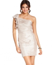 Hailey Logan designs a party dress replete with stunning details, from the cascading ruffle at the shoulder to the luminous finish! Hailey Logan designs a party dress replete with stunning details, from the cascading ruffle at the shoulder to the luminous finish!