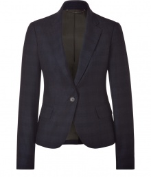 A structured blazer adds a touch of tailored chic to any wardrobe, and this plaid jacket from Paul Smith toes the line between masculine cool and feminine polish - Slim, fitted cut tapers through waist - Small collar and medium width lapels - Elegant, single button closure and two flap pockets - Vent at rear - Lush, floral print lining in rich shades of violet and blue - Seamlessly transitions from work to evening cocktails, parties and dinners - Pair with leather pants or pencil skirts, skinny dark denim or suit trousers A structured blazer adds a touch of tailored chic to any wardrobe, and this plaid jacket from Paul Smith toes the line between masculine cool and feminine polish - Slim, fitted cut tapers through waist - Small collar and medium width lapels - Elegant, single button closure and two flap pockets - Vent at rear - Lush, floral print lining in rich shades of violet and blue - Seamlessly transitions from work to evening cocktails, parties and dinners - Pair with leather pants or pencil skirts, skinny dark denim or suit trousers