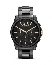 Armani Exchange crafts a classically styled statement with this plated metal watch. Crafted of stainless steel, it flaunts bold style with an eye-catching three eye chronograph. Armani Exchange crafts a classically styled statement with this plated metal watch. Crafted of stainless steel, it flaunts bold style with an eye-catching three eye chronograph.