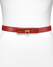 Put a sophisticated spin on your waistline with this skinny leather belt from Salvatore Ferragamo. Put a sophisticated spin on your waistline with this skinny leather belt from Salvatore Ferragamo.