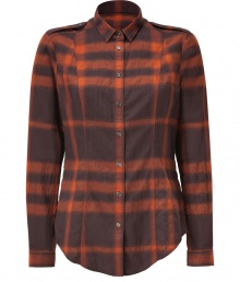 The classic check gets a cool modern update in Burberry Brits autumnal hued stretch cotton shirt - Small classic collar, long sleeves, buttoned cuffs, button-down front, epaulettes, shirttail hemline, tailored fit - Tuck into sleek tailored trousers for an everyday elegant finish The classic check gets a cool modern update in Burberry Brits autumnal hued stretch cotton shirt - Small classic collar, long sleeves, buttoned cuffs, button-down front, epaulettes, shirttail hemline, tailored fit - Tuck into sleek tailored trousers for an everyday elegant finish