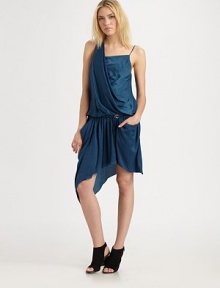 Lustrous and draped with gathered folds and a comely asymmetric hemline.Folded pleat at shoulderSingle spaghetti strapBlouson bodiceDropped waistSkinny buckled beltSlash pocketsAsymmetrical hemAbout 25 from natural waistPolyesterDry cleanMade in USA of imported fabricModel shown is 5'9½ (177cm) wearing US size 4. Lustrous and draped with gathered folds and a comely asymmetric hemline.Folded pleat at shoulderSingle spaghetti strapBlouson bodiceDropped waistSkinny buckled beltSlash pocketsAsymmetrical hemAbout 25 from natural waistPolyesterDry cleanMade in USA of imported fabricModel shown is 5'9½ (177cm) wearing US size 4.