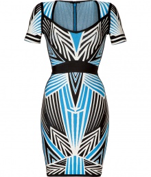 Electrify your after-dark looks with Herv? L?gers striking tri-tone printed bandage dress - Scoop neck, fitted short sleeves, bandage style with figure-hugging multi-panels, black banded waist concealed back zip closure - Extra form-fitting - Style with platform pumps and a statement clutch