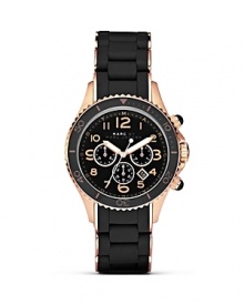 Give your hourly look a hit of MARC BY MARC JACOBS' style with this rose-gold accented watch. Equal parts sporty and sleek, it features a silicone wrapped bracelet and advanced chronograph movement. Give your hourly look a hit of MARC BY MARC JACOBS' style with this rose-gold accented watch. Equal parts sporty and sleek, it features a silicone wrapped bracelet and advanced chronograph movement.