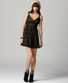 Sweetly sultry, allover lace lends a darkly romantic appeal to this Bar III dress -- style it with leather accessories to add edge! Sweetly sultry, allover lace lends a darkly romantic appeal to this Bar III dress -- style it with leather accessories to add edge!